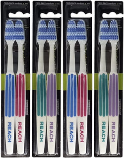 REACH Essential Care Interdental MEDIUM Toothbrush, Duo Pack x 4, Full Head Hard Bristle Manual Toothbrushes, Variety Colors Multipack, Daily Oral Enamel Dental Care
