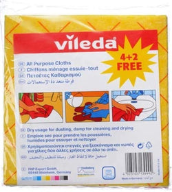Vileda All-Purpose Cloth 4+2Pcs, Powerful Cleaning, Water-Absorbent, Durable - Yellow 6 Pcs Per Pack